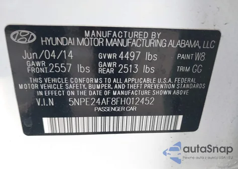 2015 Hyundai Sonata Se from USA, damaged, VIN 5NPE24AF8FH012452